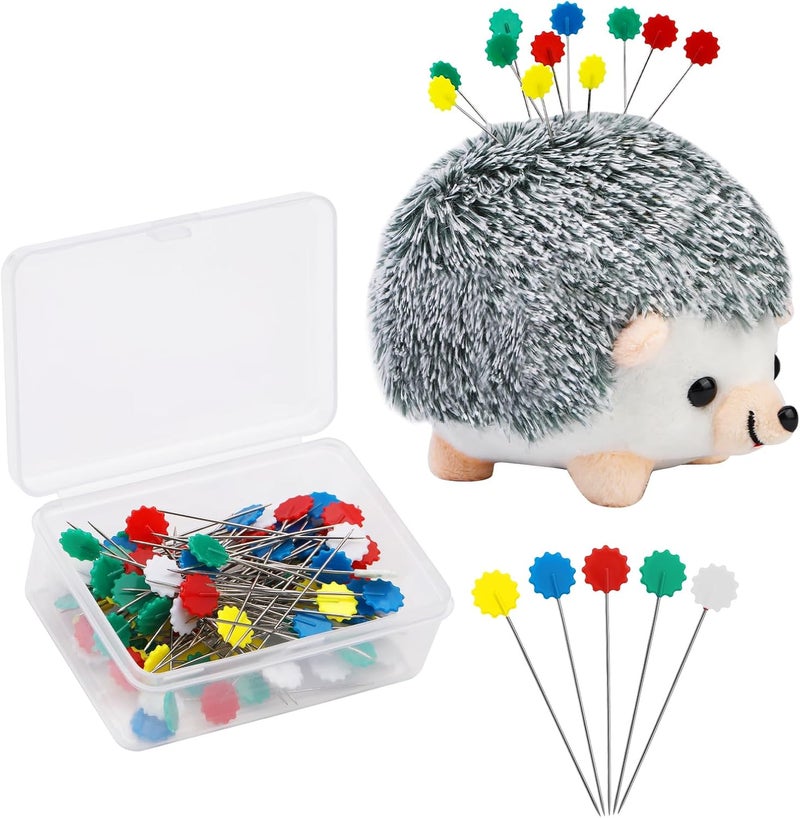 FTEVEN 100 Pieces Flat Head Straight Pins Hedgehog Pincushion Kit, Big Pincushion with Clear Storage Box and Quilting Pins, Colorful Head Straight Sewing Pins for Handicrafts DIY Sewing - Image 1